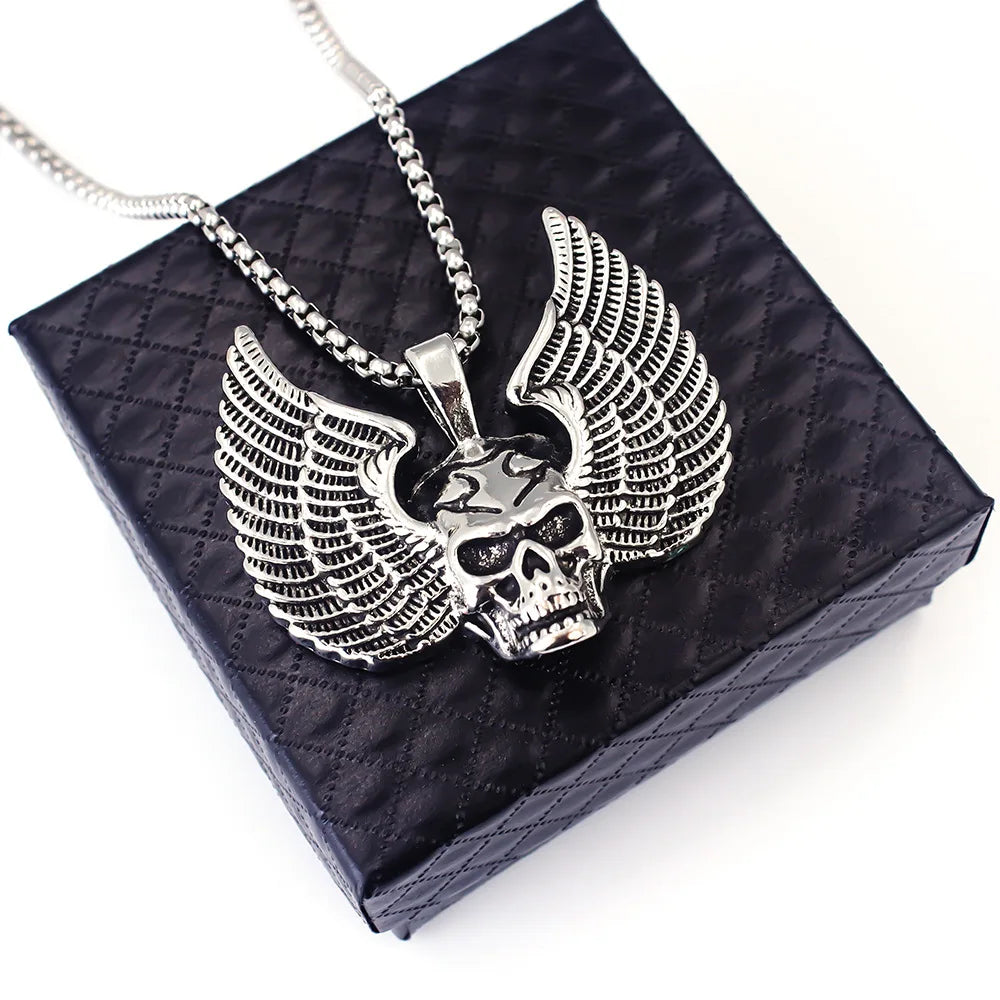 Silver Skull Wings Pendant Necklace Box Chain