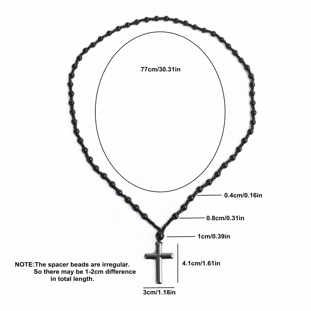 Black Hematite Bead Cross Pendant Necklace — Black-Tone