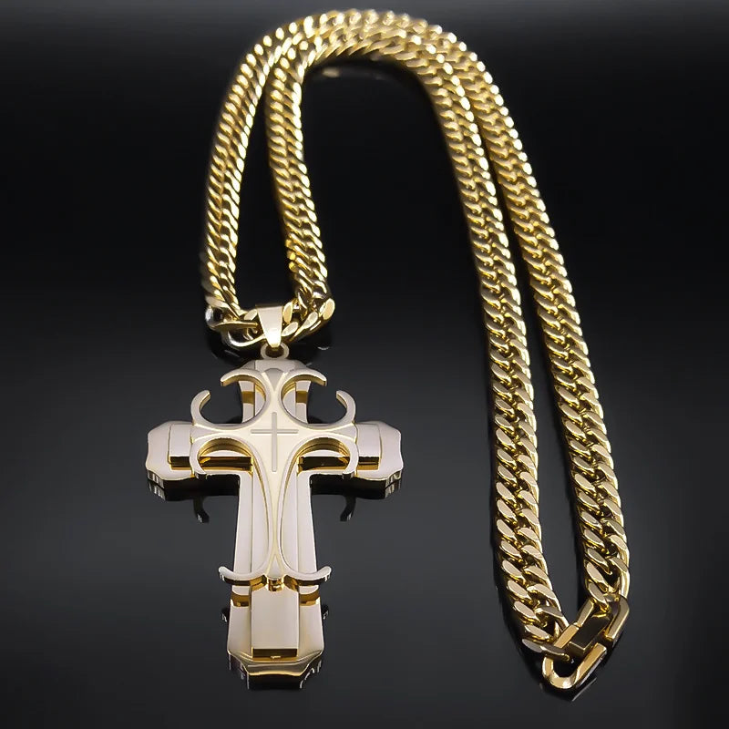 Cross Steel Pendant Layered Collar Hombren6134