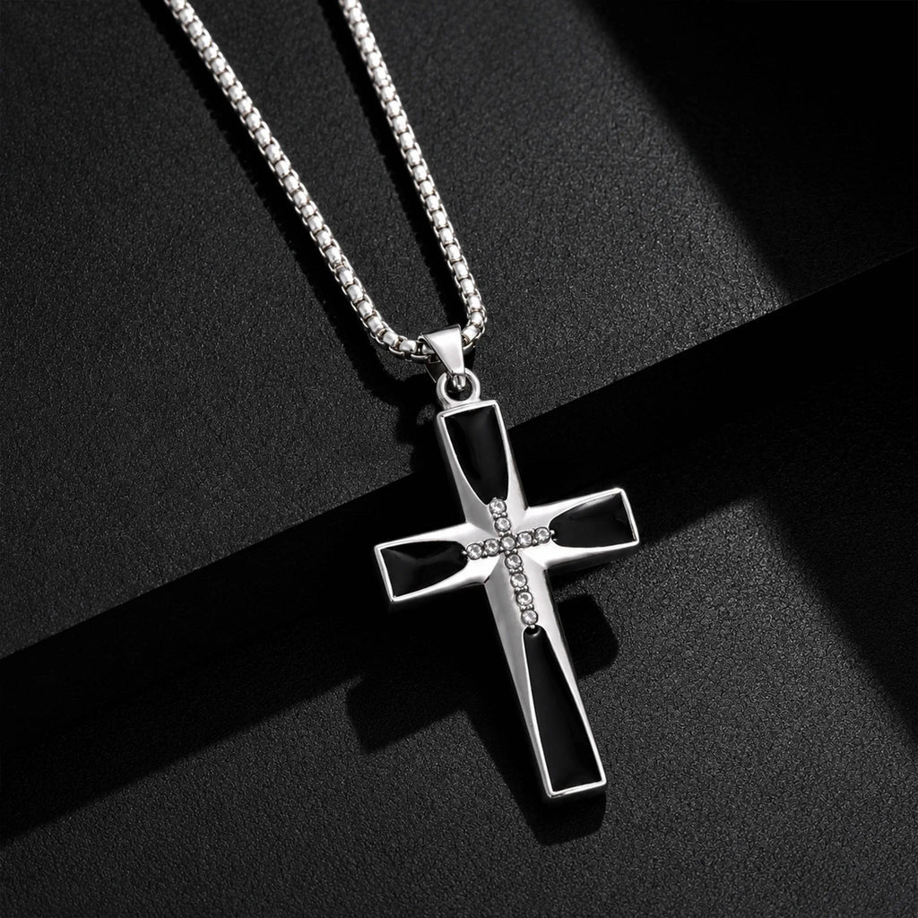 Zircon Cross Pendant Necklace for Men — Stainless Steel
