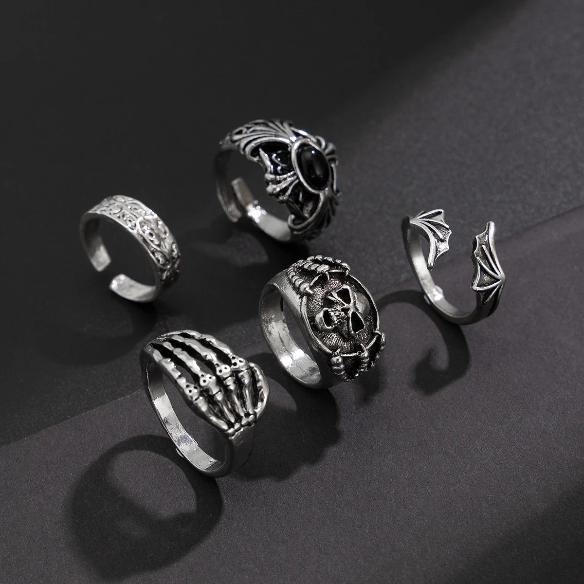Gothic Skull Claw Cross Ring Set — Adjustable Silver