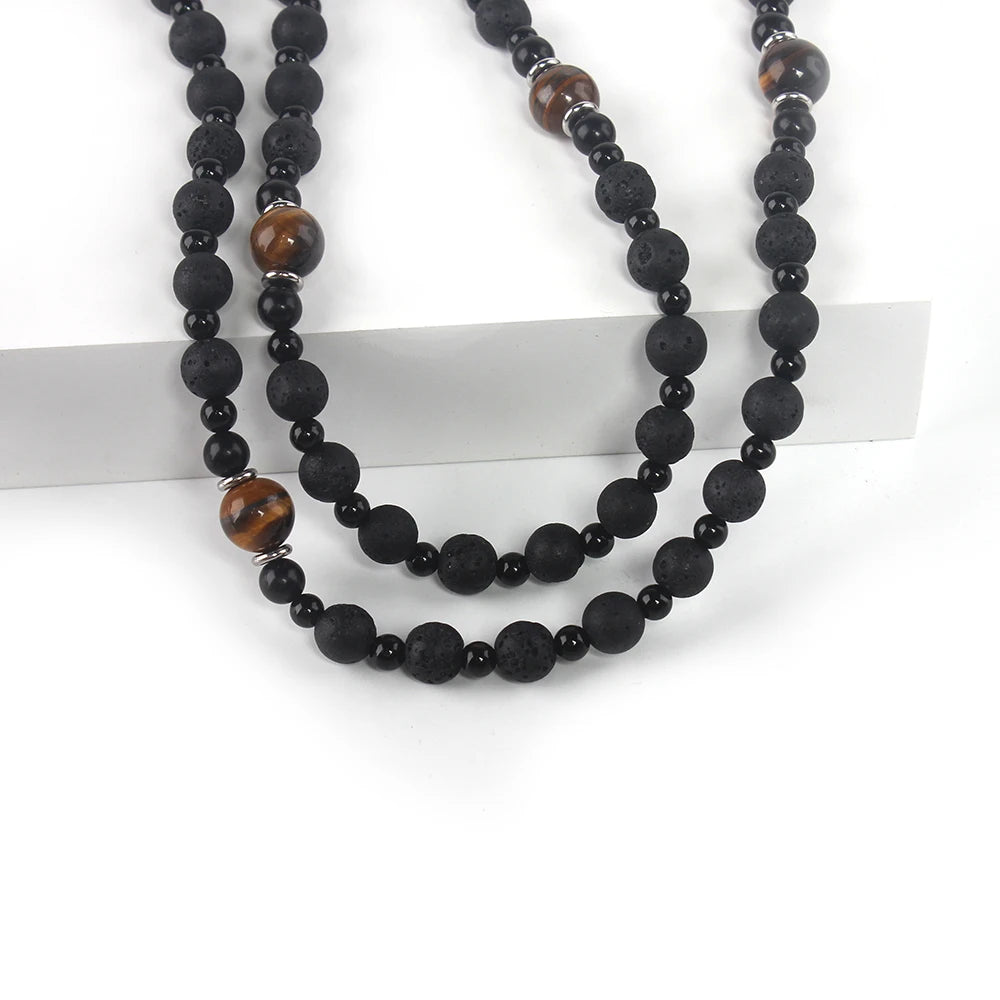 Natural Lava Stone Round Beads Yellow TIger-eye Hematite Cross Pendant Necklace for Men