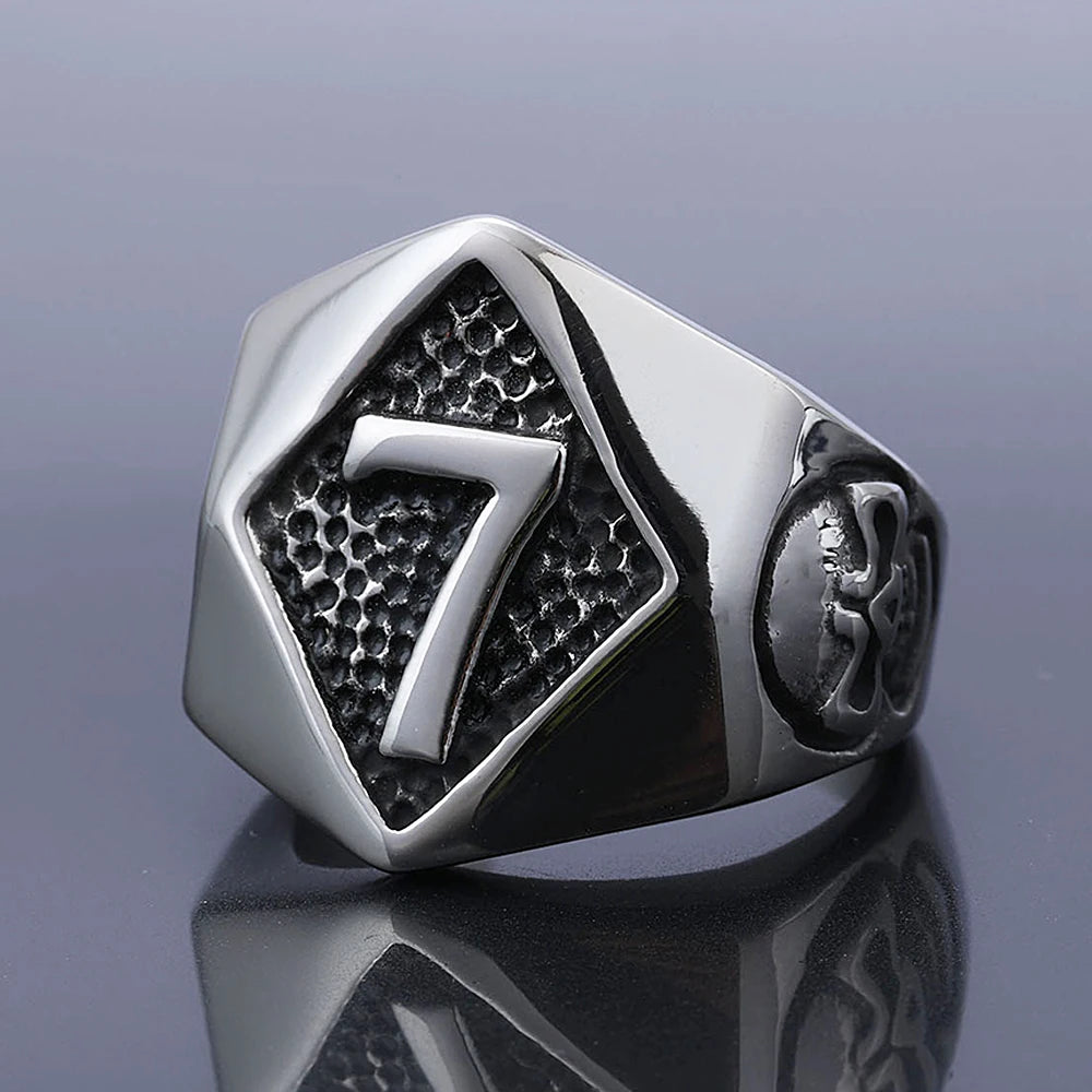 Lucky 13 & 7 Skull Biker Ring for Men — Stainless Steel