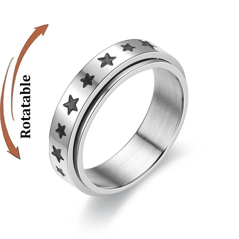 Vintage Star Stainless Steel Rotating Ring Anti Stress Man Worry Stress Relief Anxiety Relaxing Metal Rock Band Ring