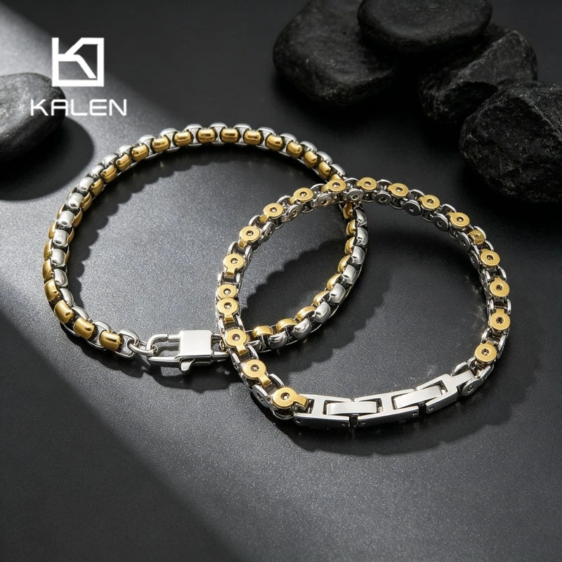 Kalen Minimalist Stainless Steel Bracelet for Men Bike Party Box Link Thin Metal Chain Jewelry Unisex Classic Daily Gifts