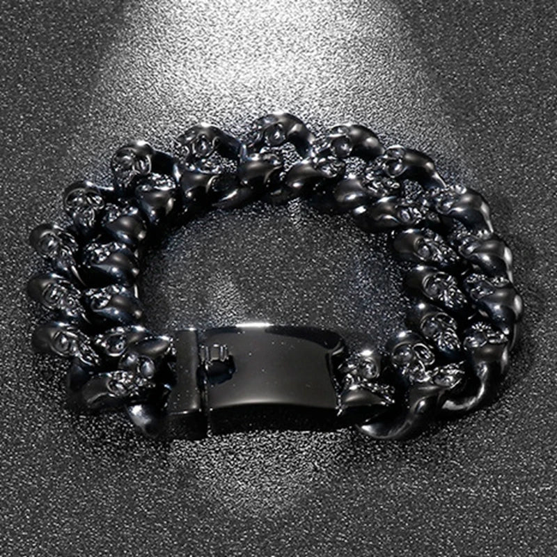 Personalized Skull Bracelet Men‘s Punk Chunky Stainless Steel Accessories Polished Gold Color Cuban Chain Trendy Jewelry