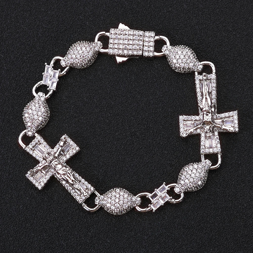Two-Tone Cross Cuban Bracelet Iced Out Baguette