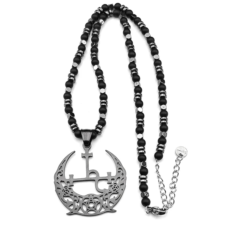 Wicca Triple Moon Crescent Pentagram Necklace For Women Men Stainless Steel Black Satan Lilith Demon Seal Hematite Chain Jewelry