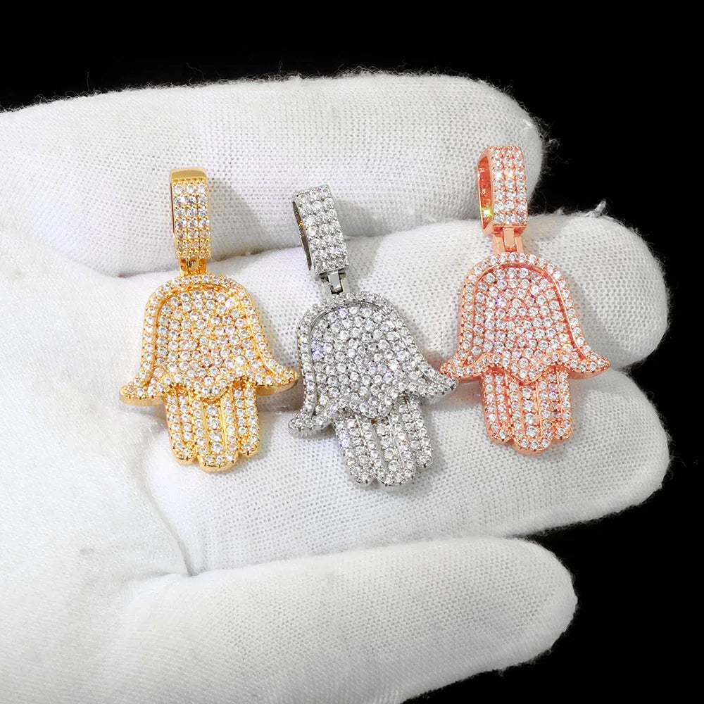 Iced Out Hamsa Pendant Necklace Stainless Steel