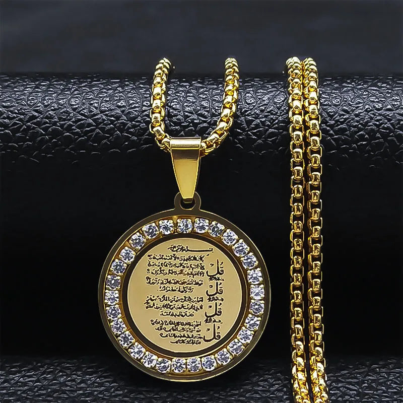 Muslim Islamic Religious Stainless Steel Crystal Necklace Women Islam Quran Allah Pendant Necklaces Arabic Jewelry