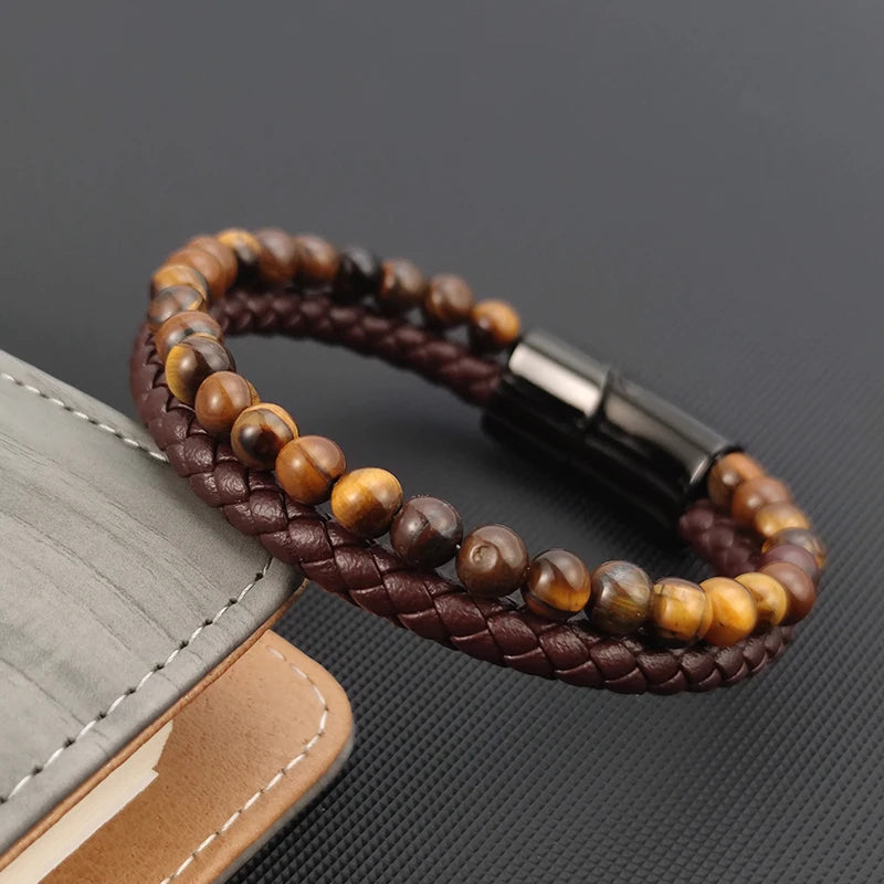 Natural Yellow Tights Eye Stone Beaded Bracelet for Men Vintage Charm Stainless Steel Magnetic Clasp Wrap Bangle Jewelry Gift