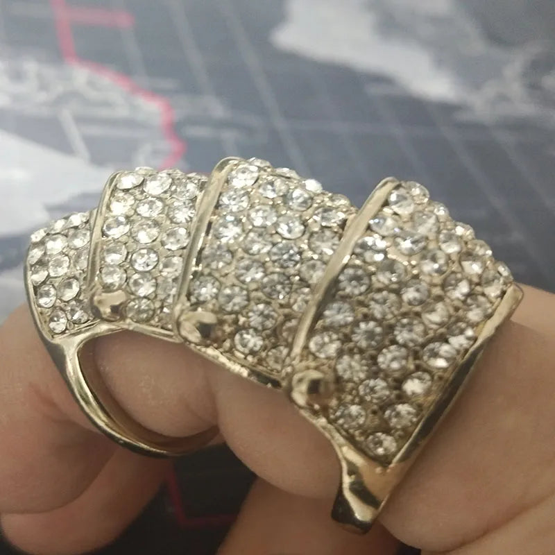 Luxury Alloy Rhinstone 4-segment Armor Finger Ring for Men Women Evening Party Delicate Wedding Anniversary Gift