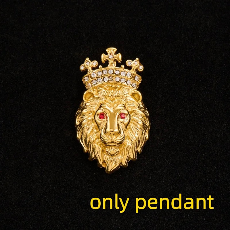 Lion Head Crown Pendant Necklace — Iced Out, Stainless Steel