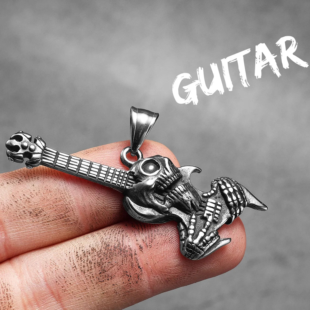 Skull Guitar Pendant Necklace — Stainless Steel