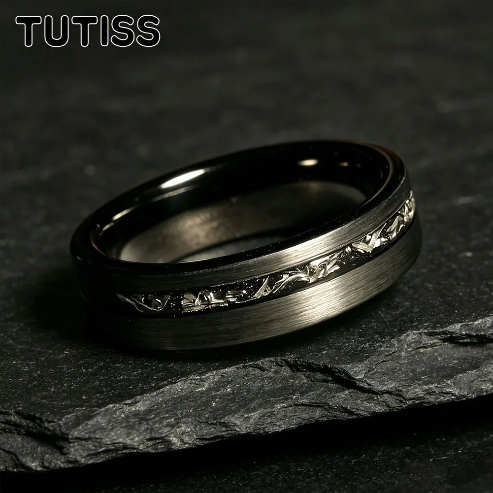 TUTISS 6/8mm Black Meteorite Tungsten Carbide Ring, Offset groove Brushed Finish, Couple Ring, Unique Wedding Band for her（Him）