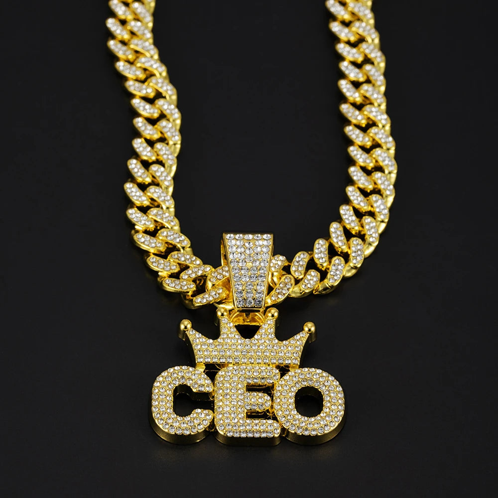 Iced Out Crown CEO Letter Pendant Cuban Link Chain Necklace