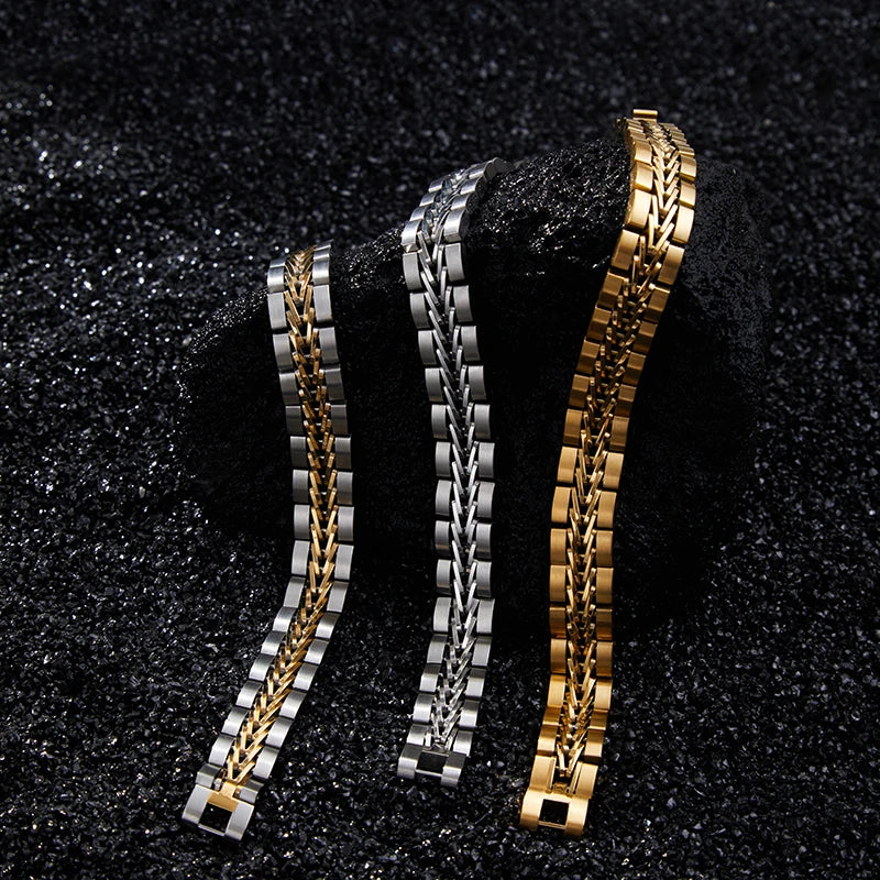 Loe | Men Stainless Steel Punk Bracelet Fashion Boy Watchband Gold Plated Hip Hop Jewelry New Design