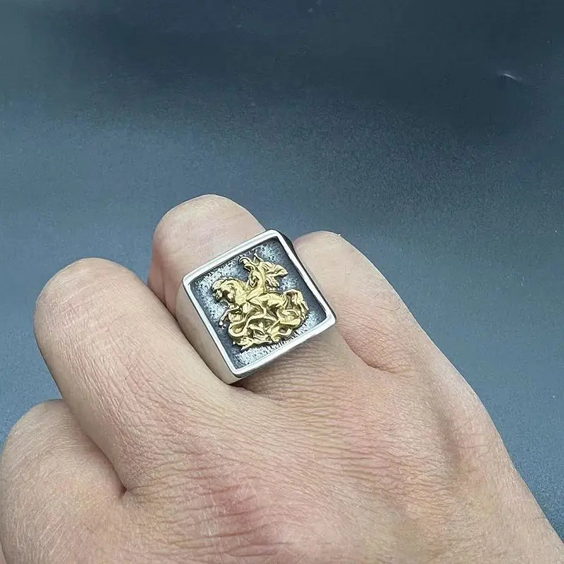 Men's Stainless Steel Vacuum Gold-Plated Saint George Dragon Slayer Knight Ring - Classic Armor Design