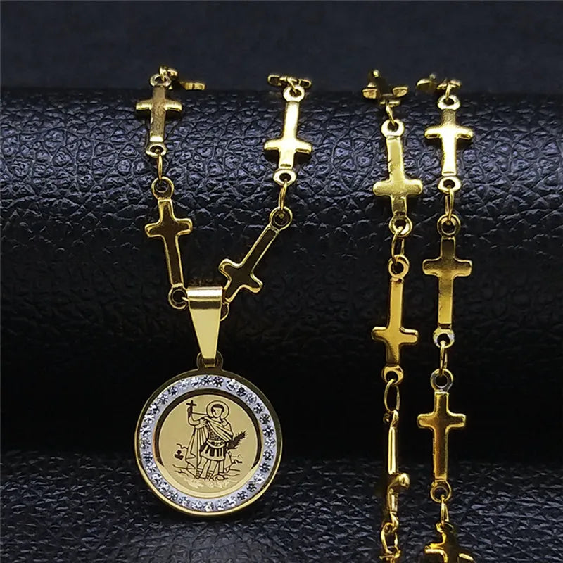 Saint Expeditus Archangel Gabriel Stainless Steel Crystal Michael Cross Chain Necklace Holy Sacred Heart of Jesus