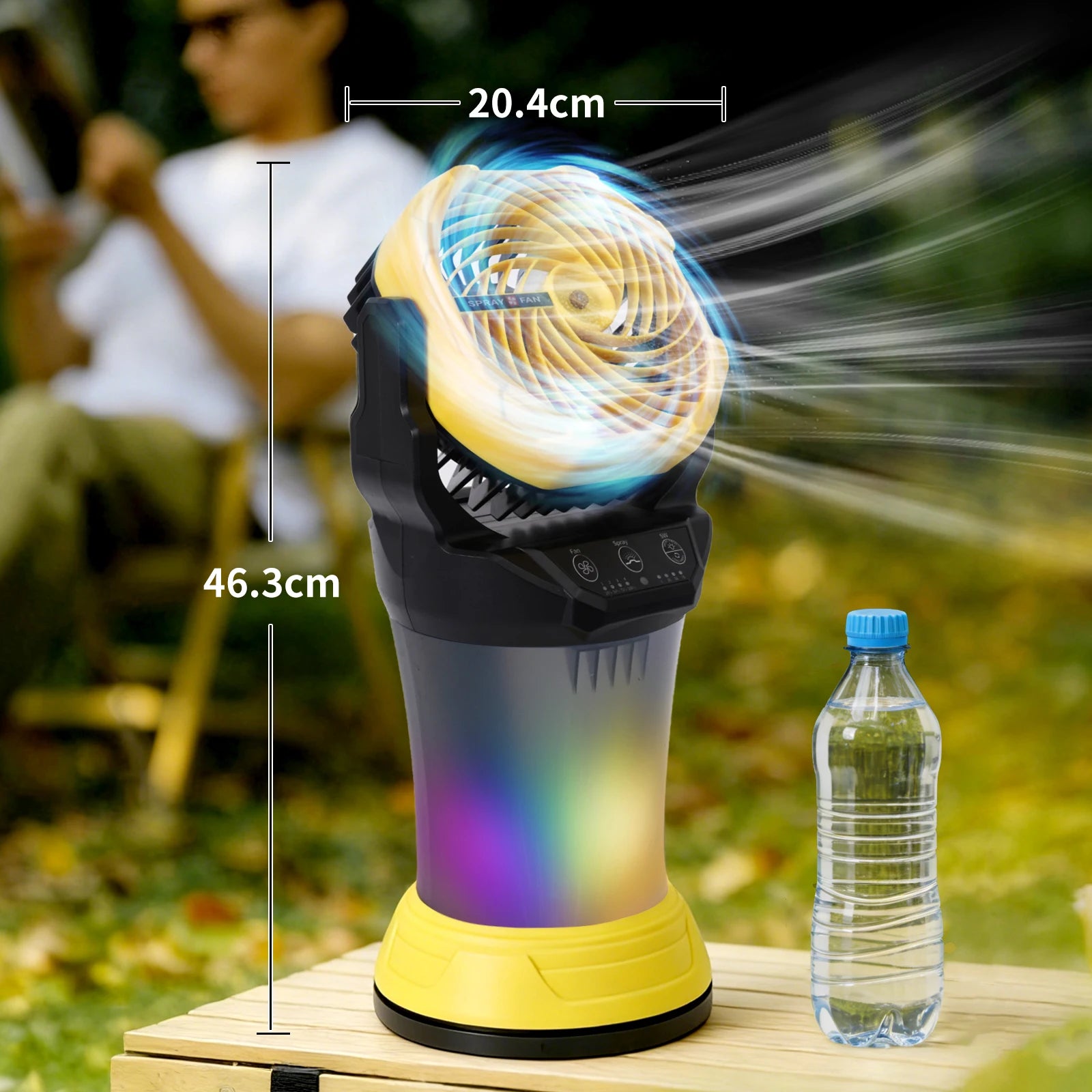 Outdoor Spray Fan 2000ml 15000mAh, 4 Speeds, Nano Mist, RGB Light, 90° Oscillation, Yellow