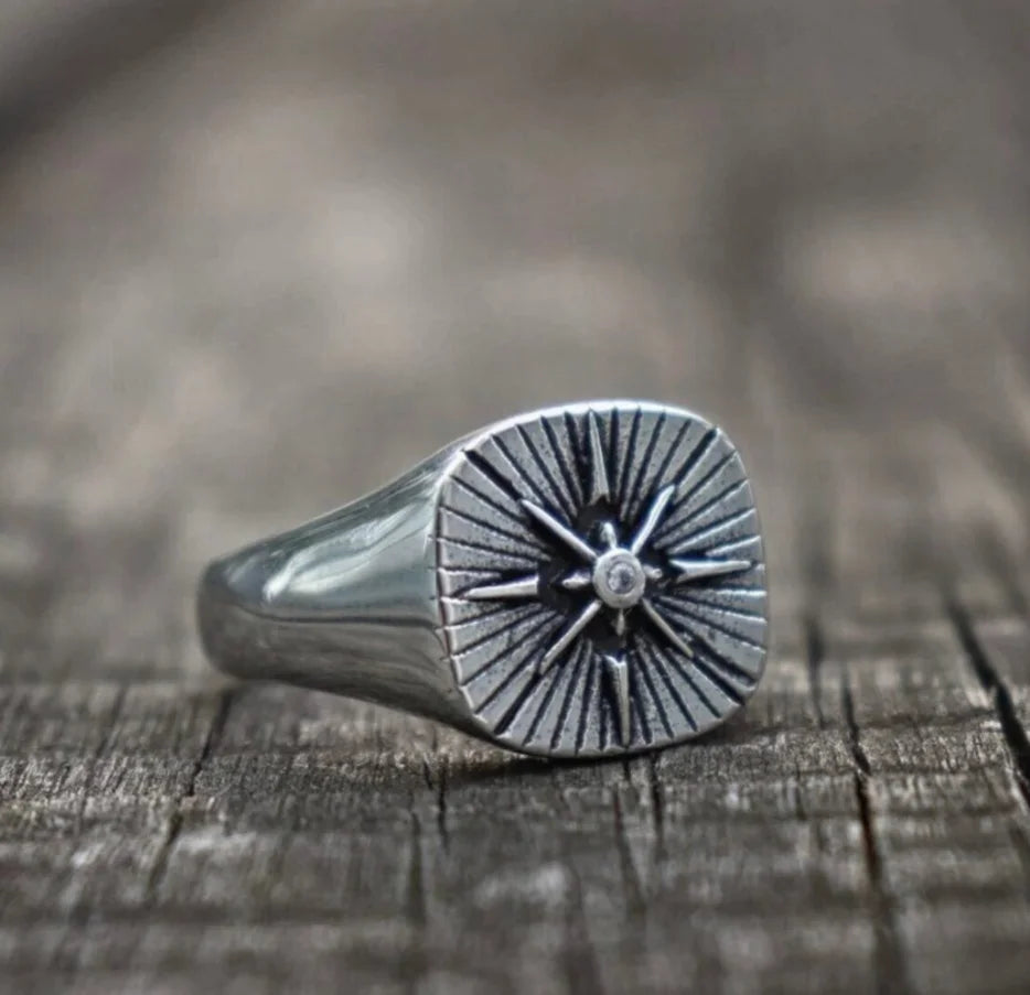 Nautical Biker CZ North Star Compass Signet Ring For Men Hip Hop Punk Cross Stainless Steel Vintage Party Jewelry