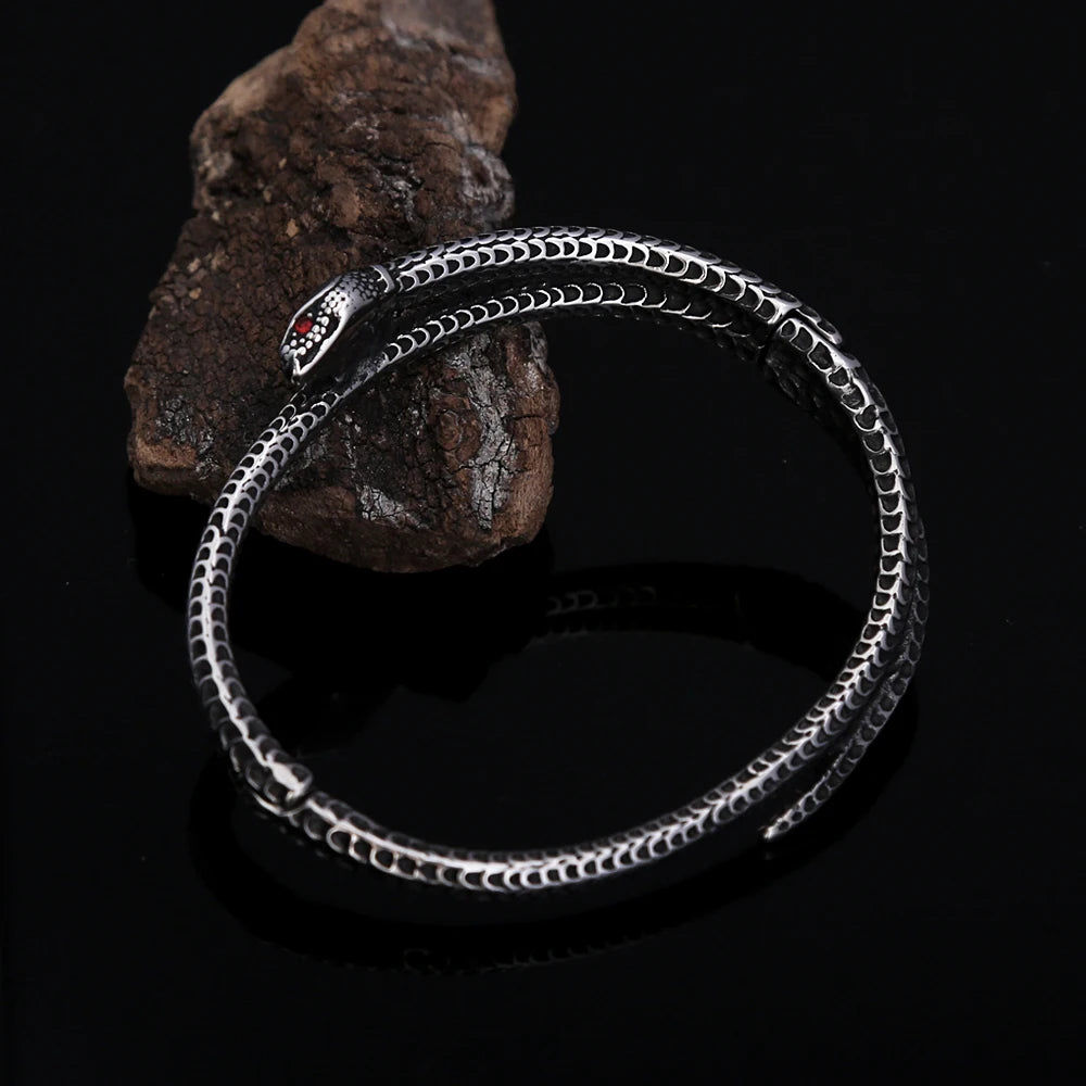 Gothic Vintage Viking Snake Bracelet With Red Stone For Men Women Stainless Steel Punk Rock Animal Bangles Fashion