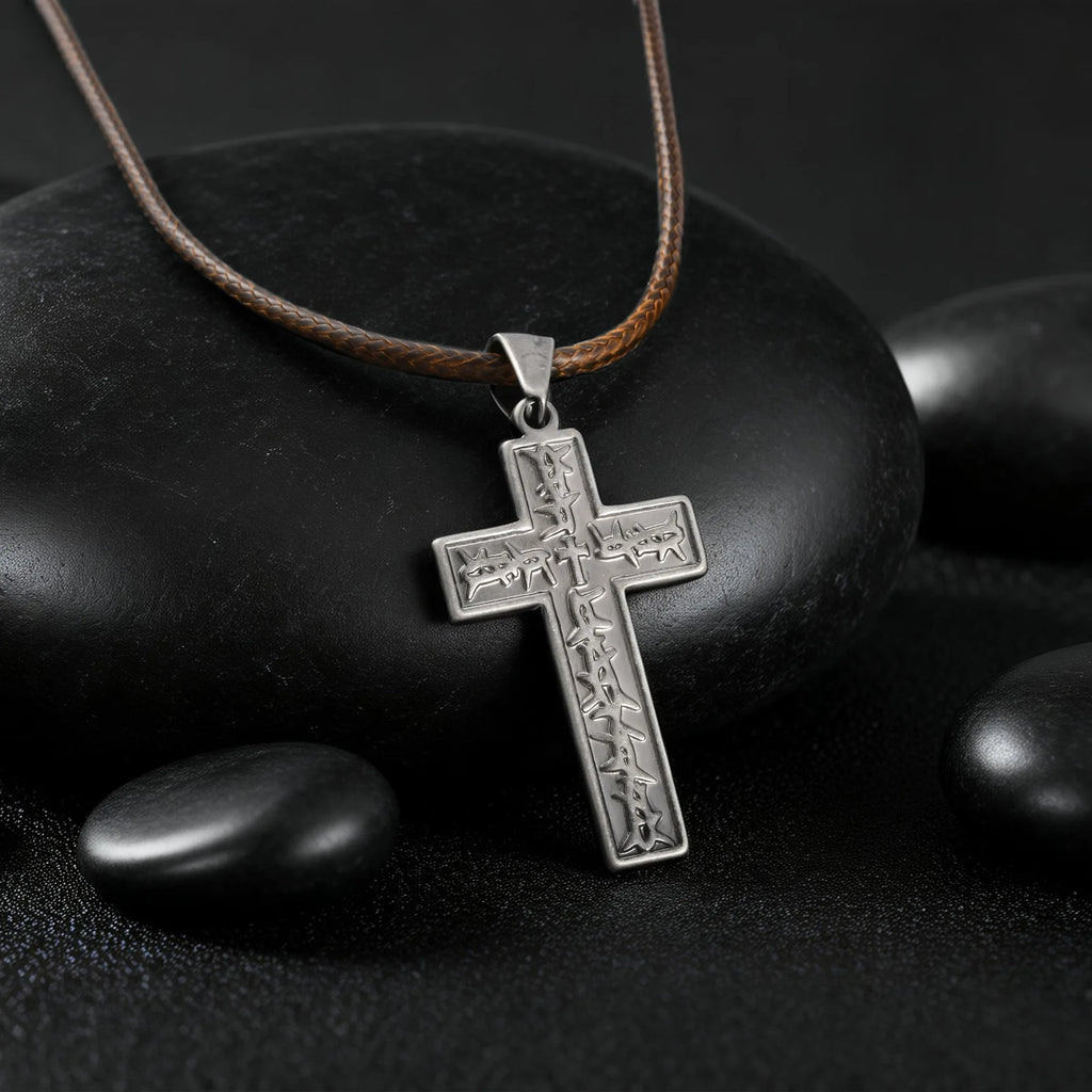 Vnox Men's Stainless Steel Thorn Crown Cross Pendant Necklace, Retro Brown Black Wax Rope Chain, Religious Jewelry