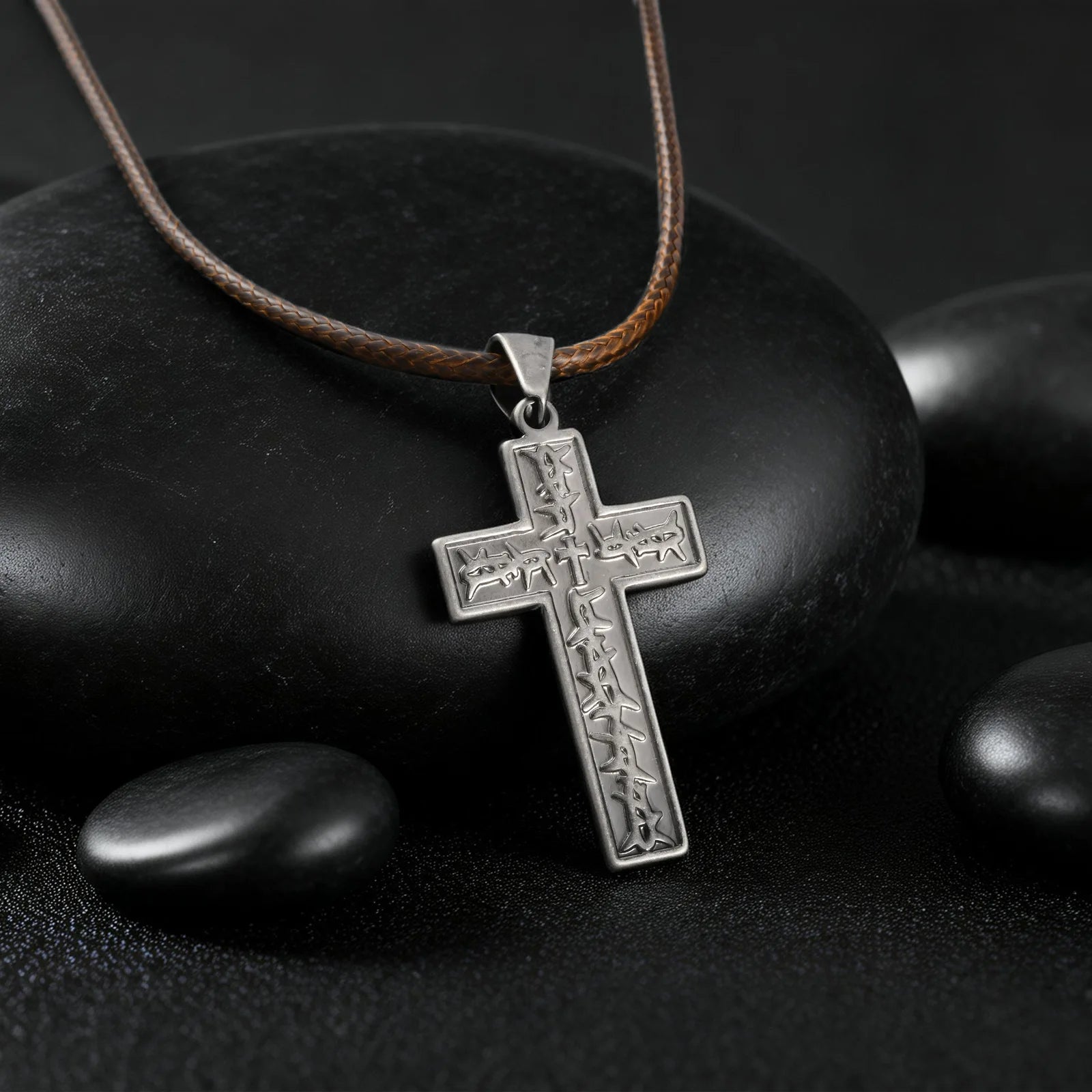 Vnox Men's Stainless Steel Thorn Crown Cross Pendant Necklace, Retro Brown Black Wax Rope Chain, Religious Jewelry