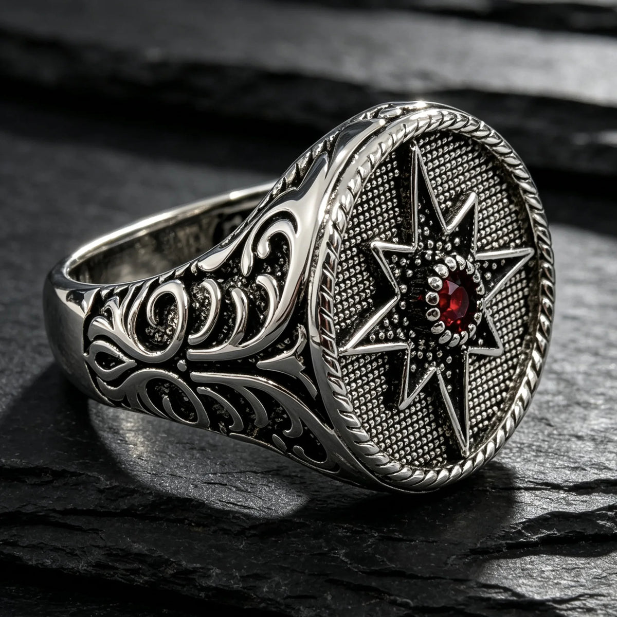 Vintage North Star Signet Ring, Retro Carved Band with Inlaid Red Zircon, Punk Amulet Jewelry, Gothic Statement