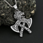 Viking Double Axe Wolf Head Pendant — SS