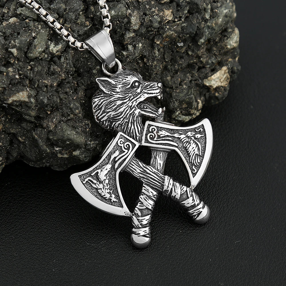 Viking Double Axe Wolf Head Pendant — SS