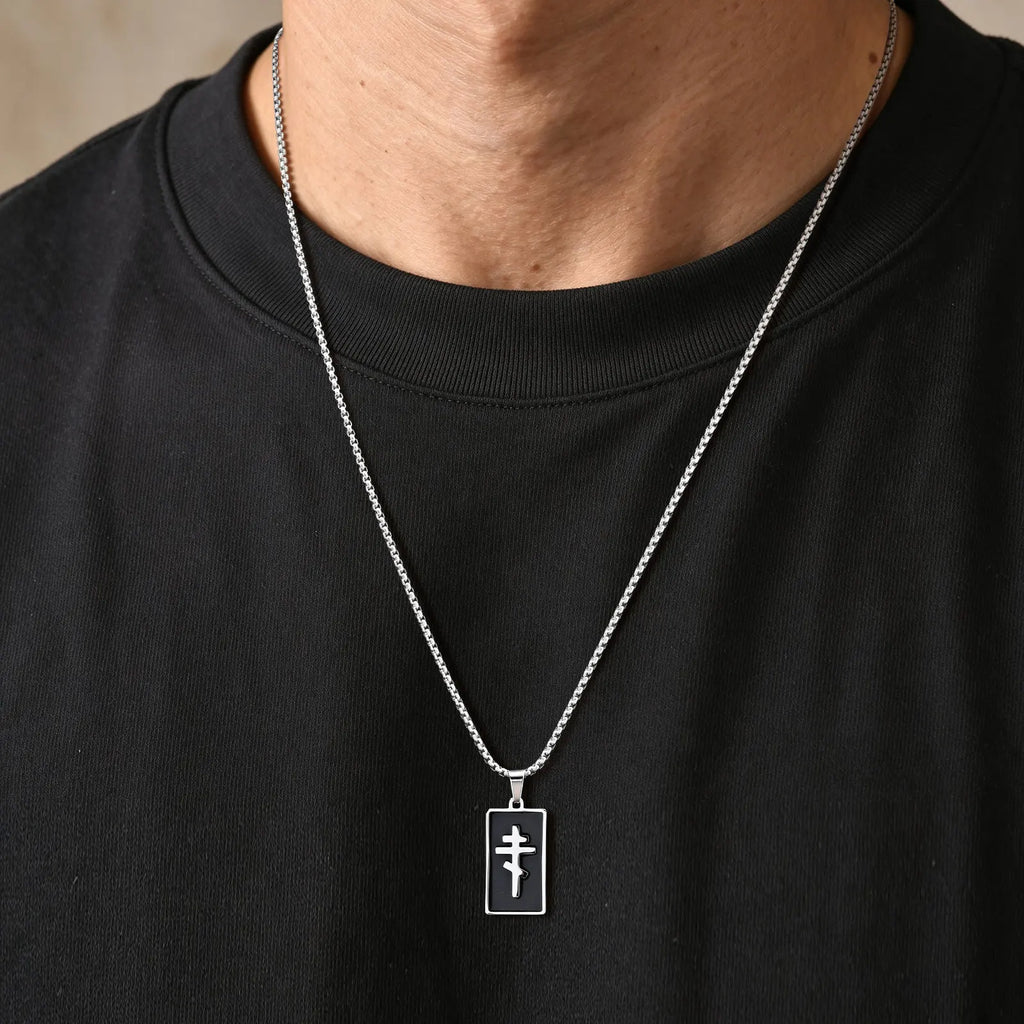 Orthodox Church Cross Necklace — Black Enamel, Stainless Steel