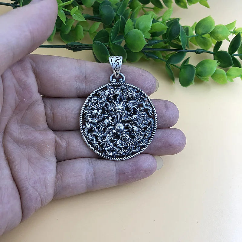 Chinese Dragon Medallion Pendant Necklace — Silver-Tone