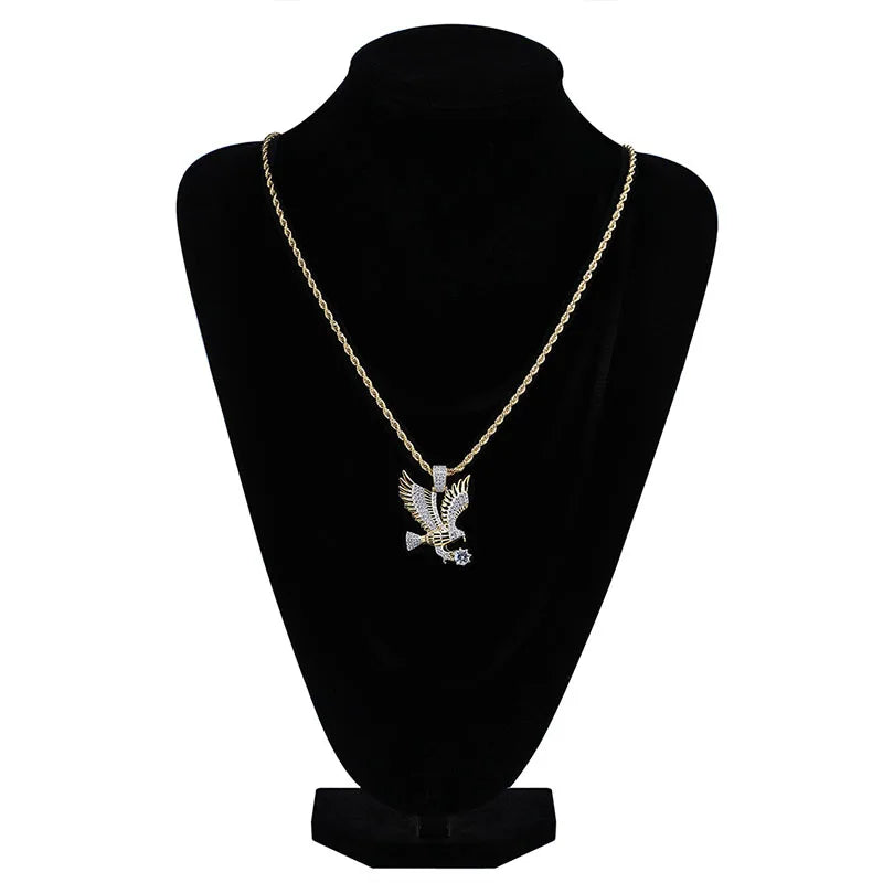 Fashionable Shiny Zircon Flying Eagle Animal Pendant Necklace for Men Hip Hop Rock Party Jewelry