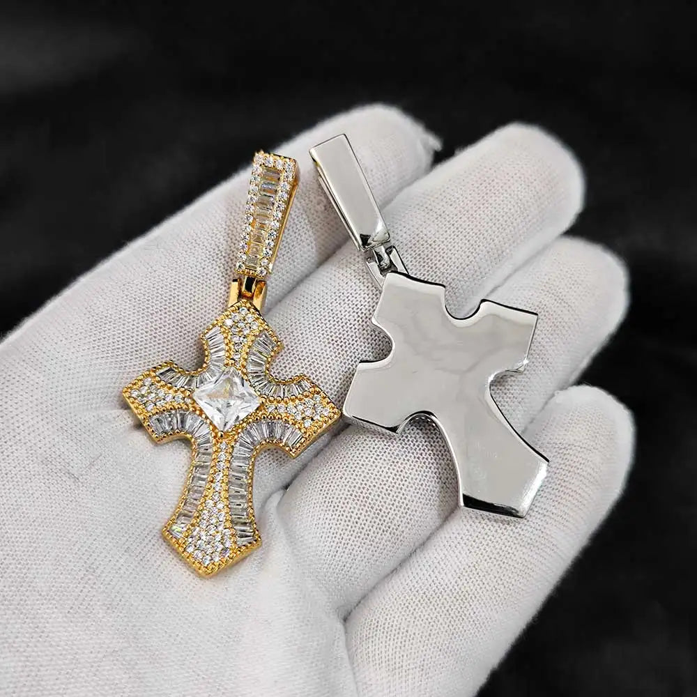Iced Out Cross Pendant Necklace CZ Rectangle