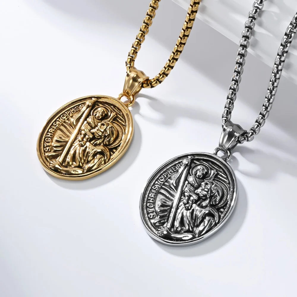 Religious St. Christopher Protect Us Necklace For Men Stainless Steel Geometric Oval Pendant Collares Jewelry