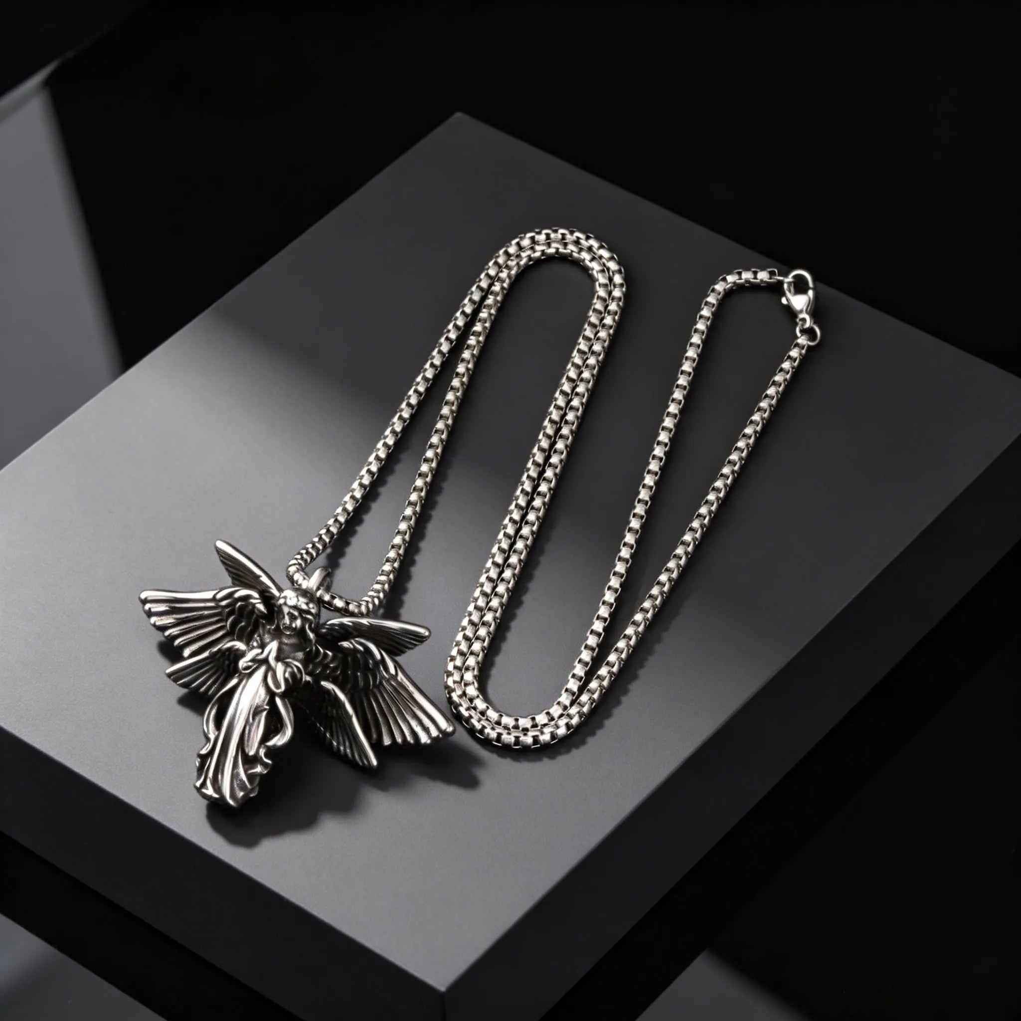 Classic Vintage Angel Wings Pendant Necklace for Men, Stainless Steel Seraph Prayer Necklace, Hip Hop Punk Jewelry
