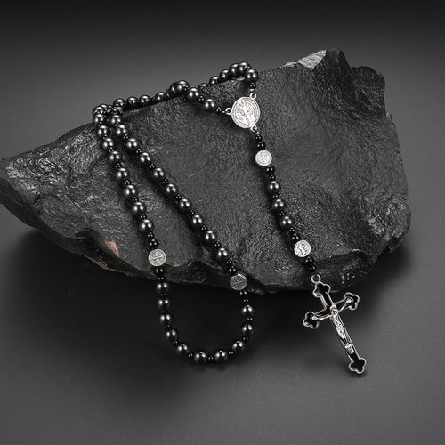 Fashion Classic Black Hematite Round Beads St. Benedict Cross Pendant Necklace for Men and Women