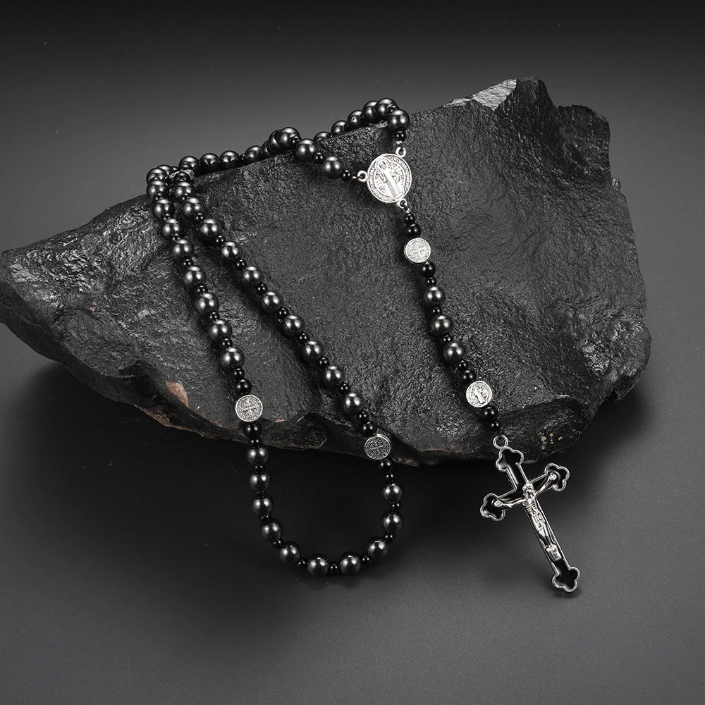 Fashion Classic Black Hematite Round Beads St. Benedict Cross Pendant Necklace for Men and Women