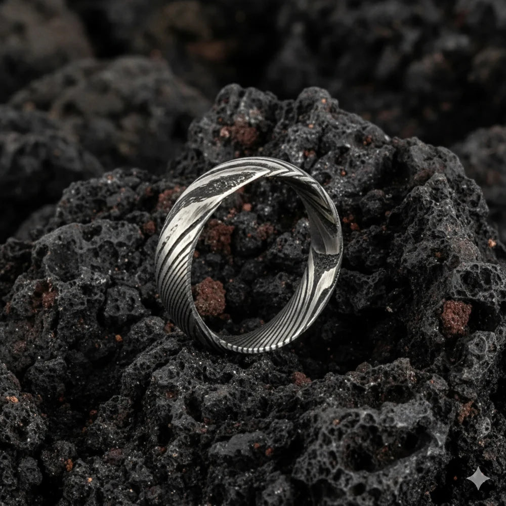 Damascus Steel CZ Band Ring — Stainless Steel