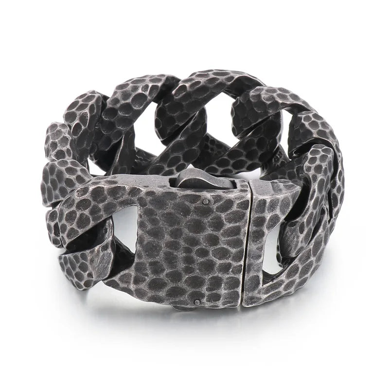 Heavy Curb Bracelet for Men Vintage Stainless Steel Foundry Tapping Pattern Cuban Chain Male Bangle Bracelets Jewelry