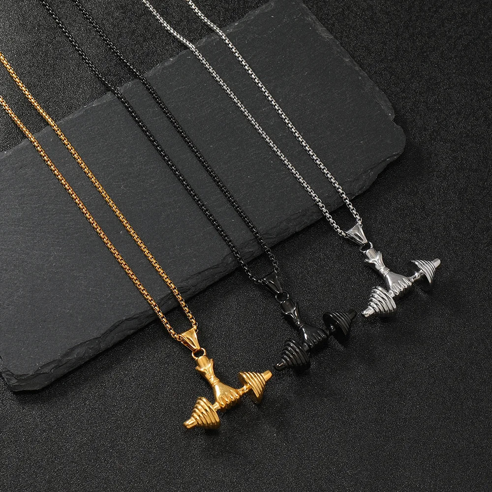 Fitness Dumbbell Pendant Necklace — Stainless Steel
