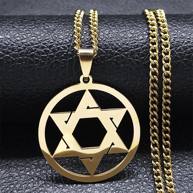 Hip Hop Star Of David Shield Hexagram Pendant Necklace for Men Fashion Stainless Steel Gold Color Chain Star Shape Jewelry Gift
