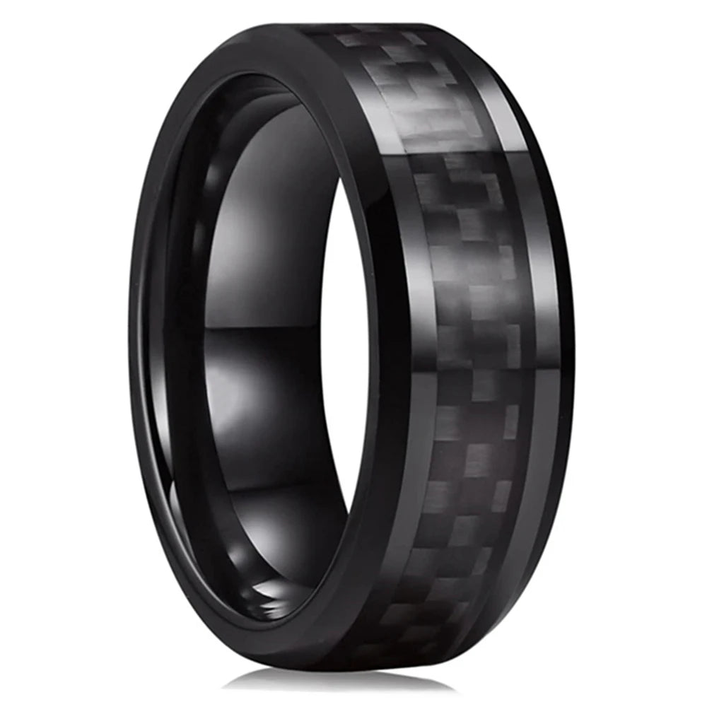 Fashion 8mm Men's Stainless Steel Ring Inlay Black Carbon Fiber Ring Wedding Engagement Jewelry Anniversary Gifts Drop
