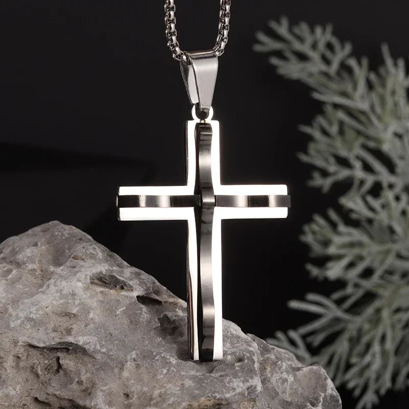 Vintage Christian Jesus Cross Stainless Steel Pendant Little Angel Prayer Necklace Men Women Faith Amulet Jewelry
