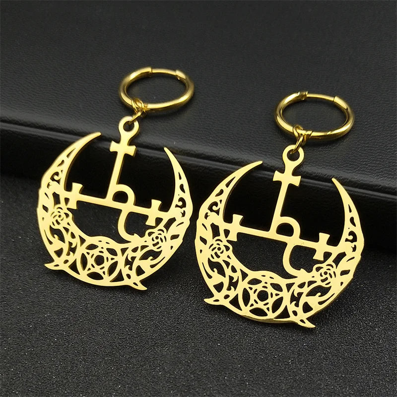 Star Moon Gold Hoop Earrings — Stainless Steel