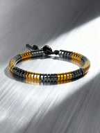 Hematite Stone Bracelet Handmade Woven with Gold color Spacers Cylinder Beads Leather for Energy Protection Reiki Charm Jewelry