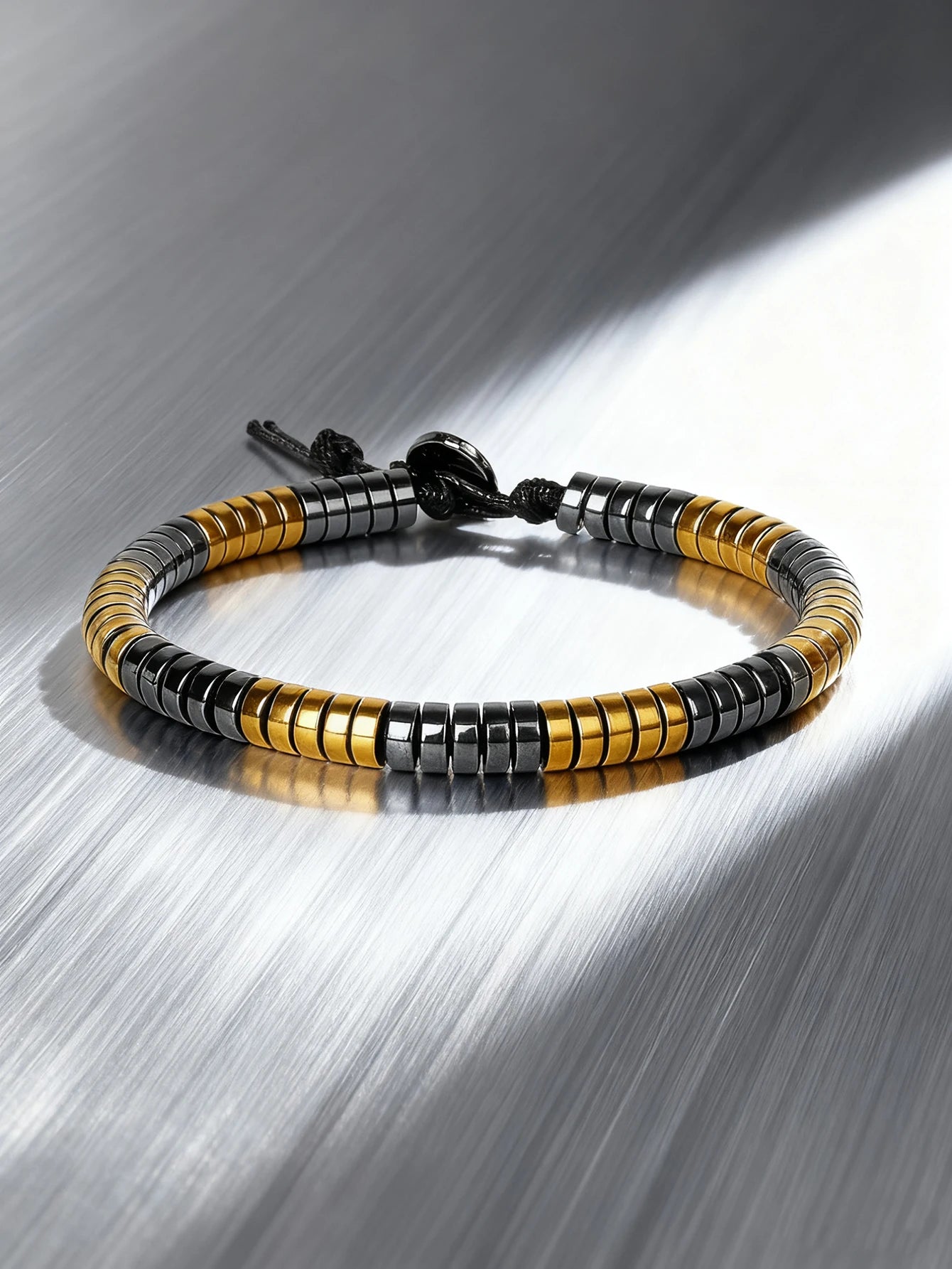 Hematite Stone Bracelet Handmade Woven with Gold color Spacers Cylinder Beads Leather for Energy Protection Reiki Charm Jewelry