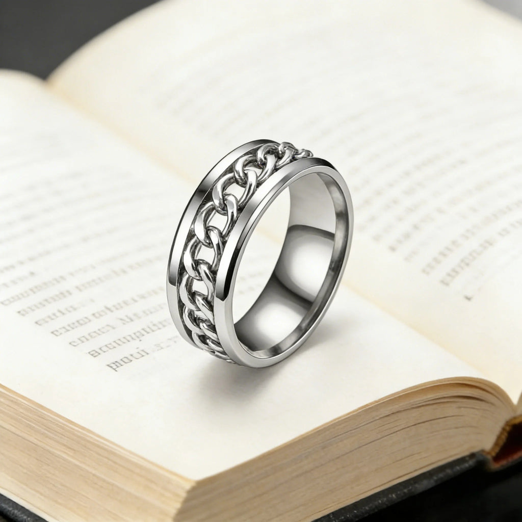 Rotatable Chain Spinner Fidget Ring Black Gold — Stainless Steel