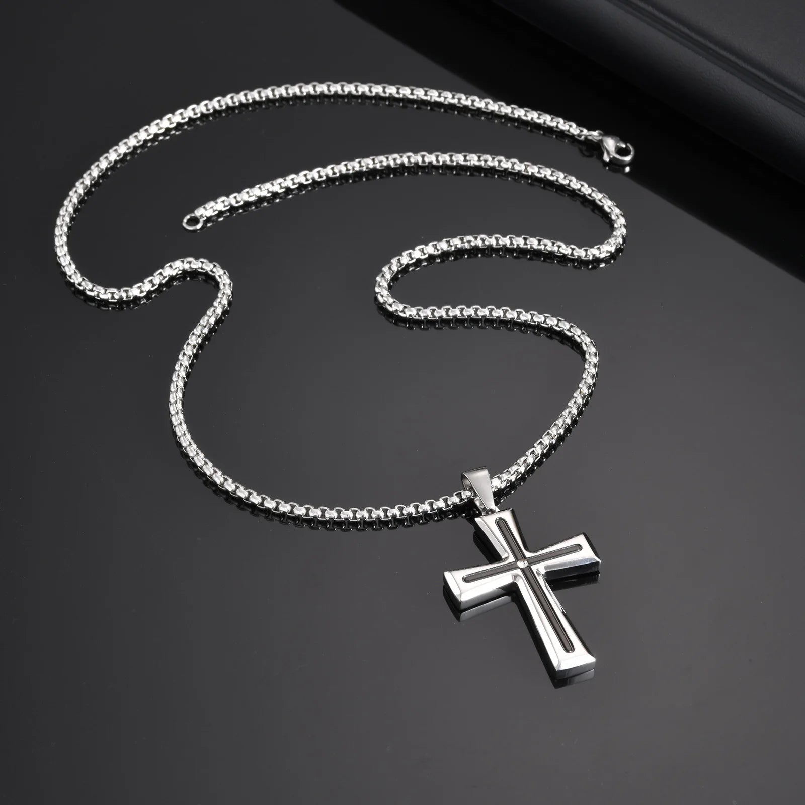 Vnox Cubic Zirconia Stone Centered Cross Necklaces for Men, Black Silver Color Stainless Steel Pendant,Religious Accessory Gift